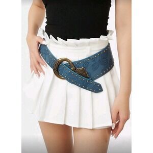 Wide Belt Women's Floral Embossed Blue Faux Leather Antique Gold Buckle  41 Inch